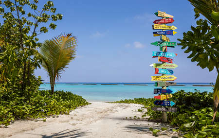 Funny different world directions signpost with distance to many different countriesの写真素材