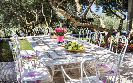 Beautiful garden, table setting prepared for a meal and view on Mediterranean seaの写真素材