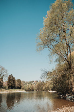 The river Limmat with a scenery towards Zurich Switzerlandの写真素材