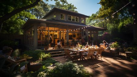 A big friendly bunch troops into a garden, laughing and piling plates with grilled food at an outdoor dinner party beneath bright sun.の素材