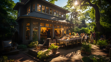 A joyful troop of people mingles on an outdoor deck, smiling and socializing over salads, kebabs and drinks at a backyard dinner party.の素材
