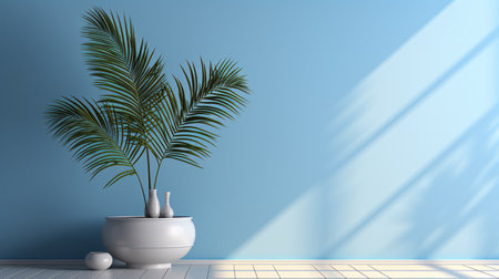 Evoking an oasis getaway, a simple bending palm accents the muted wall of an 80s-esque poolcore room.の素材