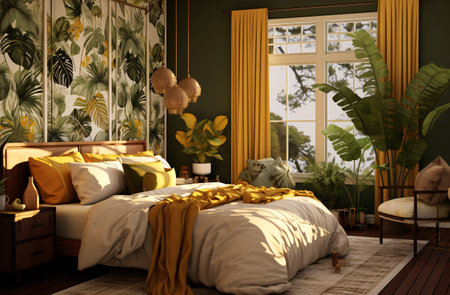 This bold maximalist bedroom features oversized tropical floral wallpaper in vibrant greens and yellows, creating an eclectic and lively space. The large-scale organic patterns provide a relaxing backdrop. This maximalist bedroom was generated by AI.の素材