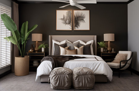 A sleek dark wood bed provides cozy contrast to pristine white walls showcasing black and white abstract floral artwork in this contemporary minimalist bedroom. The simple ambience is peaceful and refined. This monochrome bedroom was generated by AI.の素材