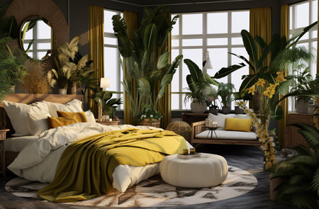 Soothing neutral bedroom walls serve as a canvas for giant soft green leaves and hyperrealistic floral art prints. Their photorealism contrasts with the simple white backdrop for serene maximalism. This plant-filled bedroom was generated by AI.の素材