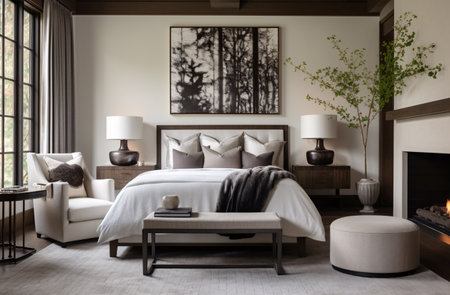 Soothing monochrome depictions of palms and foliage decorate this modern minimalist bedroom. The dark wood furnishings and crisp white walls keep the space feeling serene. This plant-filled bedroom was generated by AI.の素材
