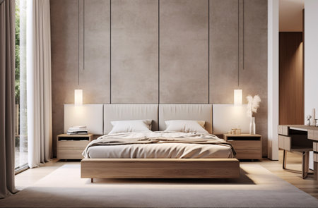 A harmonious minimalist bedroom staged with cream and beige tones for mature sensibilities.の素材