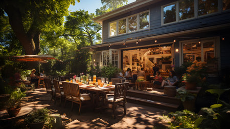 A diverse, happy clan clusters in a backyard, grilling meats and sides at a lively outdoor dinner party under summer sun.の素材