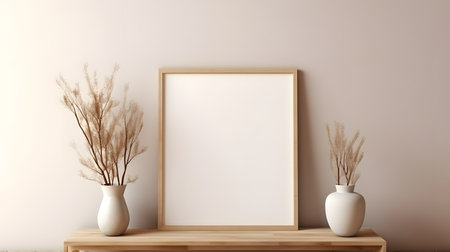 A mockup visualizes inviting farmhouse living room decor - framed wall art atop reclaimed wood flooring and soft furnishings create a serene, relaxing vignette. The timeless style is cozy and warm.の素材