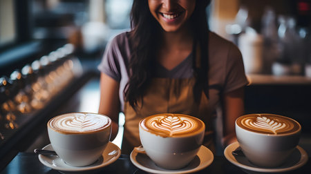 A young barista immersed in latte art, captured candidly, exuding happiness and dedication.の素材