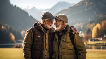 Hiking embrace: Two senior men kiss during their Alpine journey.の素材