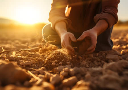 Man collecting soil from clay-laden fields, framed by romantic soft focus and twilight's glow.の素材