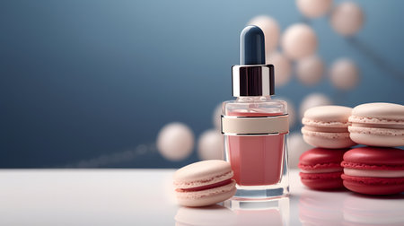 Blurred beauty details: navy nail polishes, jewelry, and elegant macarons.の素材