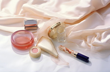 Meticulously styled: navy nail polishes, makeup, and elegant macarons on display.の素材