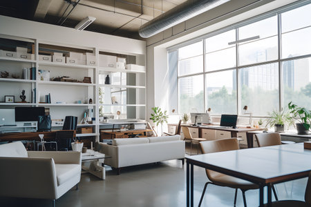 Light-filled open plan office with industrial minimalism, adorned in white and beige tones.の素材