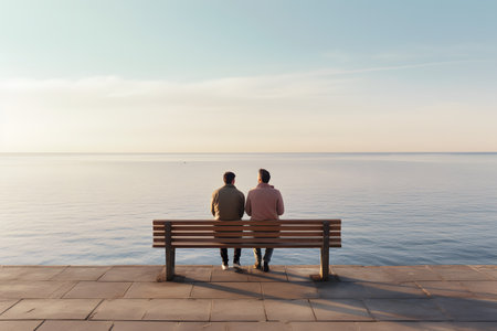 In a style of relational aesthetics, a firecore couple shares an emotional moment on a light red and brown beach bench.の素材