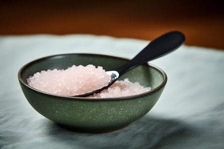 Intricate seasoning captured in a salt spoon against a dark black and pink palette. Artistry in culinary finesse.の素材