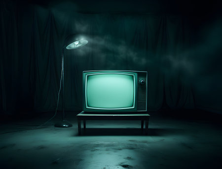 A light white glow emanates from a vintage TV and lamp.の素材