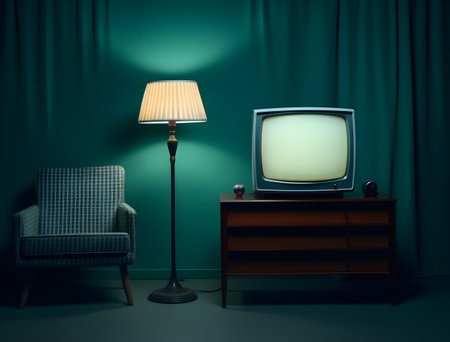 Atmospheric appeal in a composition with vintage TV and lamp.の素材