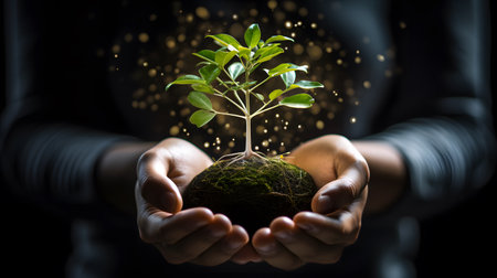 Close-up of hands carefully holding a young tree, fostering new life.の素材