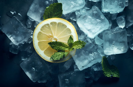 A cool summertime refreshment with lemon slices, ice cubes, and fresh mint leaves. Dark silver and dark aquamarine color palette, with hints of silver and blue.の素材