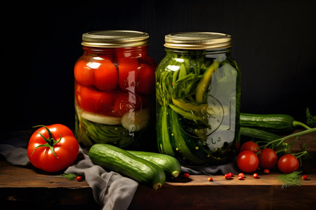 Moody and enticing, glass jars filled with vegetables stand out against a dark background.の素材