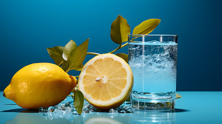A refreshing drink with lemon, ice, and mint, captured in a vivid blue setting. Cool and revitalizing aqua tones.の素材