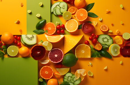 A creative exploration of nutrition through the harmonious colors of green, orange, and yellow, inspired by culinary art.の素材