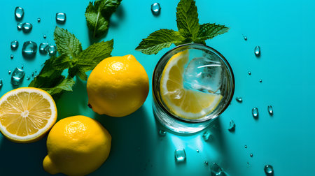 A refreshing lemon composition featuring ice and the invigorating flavor of mint, making it an appealing choice for hot days.の素材