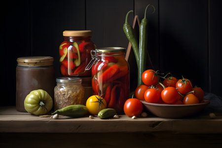 A delicious assortment of pickled cucumbers and tomatoes, beautifully presented in glass jars.の素材