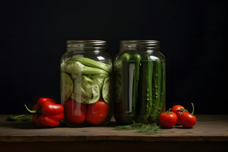 Artisanal food at its best: pickled cucumbers and tomatoes in rustic glass jars.の素材