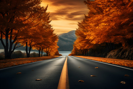 A scenic open highway journey surrounded by the enchanting colors of dark orange and teal leaves.の素材
