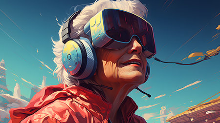 An elderly woman wearing a virtual reality headset, immersed in a futuristic sci-fi world. (VR, technology, entertainment)の素材