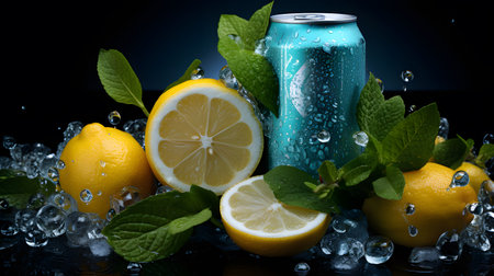This stock photo captures the essence of a homemade lemonade, with a can filled with juicy lemons and mint leaves. The dark silver and aquamarine background adds a touch of elegance to the image.の素材
