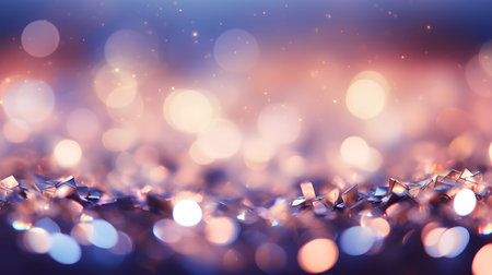 Festive bokeh backdrop: Navy, beige, silver, and purple lights create an abstract holiday atmosphere.の素材