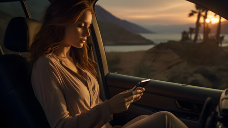 Serene woman by ocean, phone in hand, sustainable lifestyle, solar energy advocate.の素材