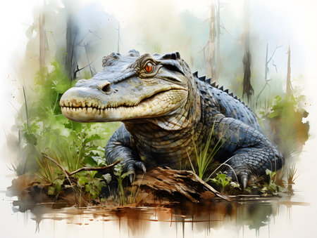 Stunning watercolor illustration of a woodland creature, featuring an American alligator amidst a serene forest landscape.の素材