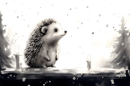 Cute watercolor sketch of a mesmerized hedgehog looking up at the stars.の素材