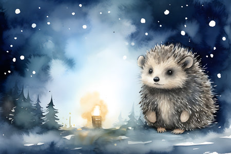 Minimalist outline drawing of adorable hedgehog in awe of the night sky.の素材