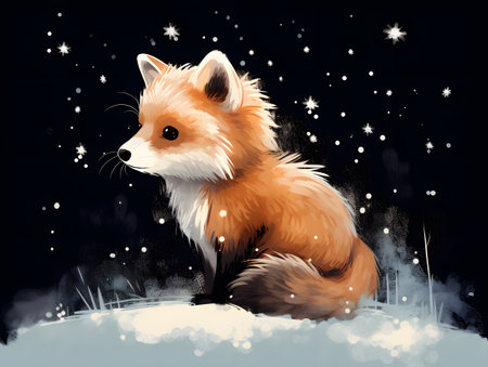 Minimalist sketches of a cute red panda in awe of the snowy Christmas landscape.の素材