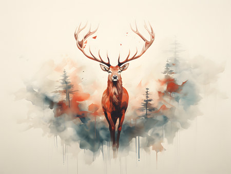 Low-angle compositions that bring out the grace and beauty of red deer in flight.の素材