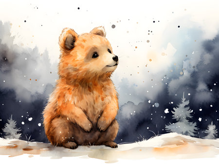 Minimalist quokka outline amazed by stars in watercolor painting.の素材