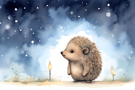 Rudimentary scribble art capturing a simple yet amazed hedgehog under the starry heavens.の素材