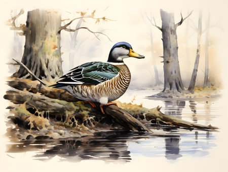 A stunning depiction of a woodland creature, the mallard, painted in soft watercolors against a white background.の素材