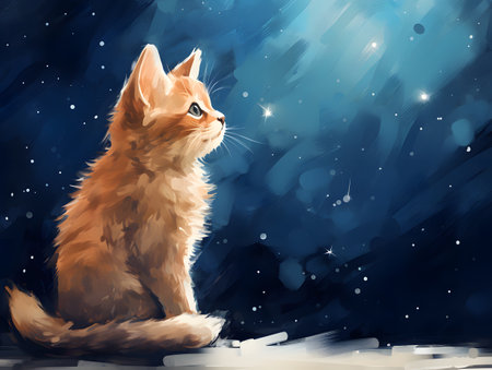 Discover stunning illustrations of adorable sand cats gazing at the starry Christmas sky in a minimalist, whimsical style.の素材