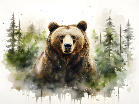 Majestic grizzly bear roaming through a lush forest, captured in a stunning watercolor artwork against a white backdrop.の素材