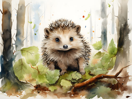 Captivating woodland creature captured in a stunning watercolor artwork against a white backdrop.の素材