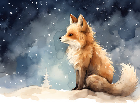 Watercolor illustration of fox in awe of heavenly stars.の素材