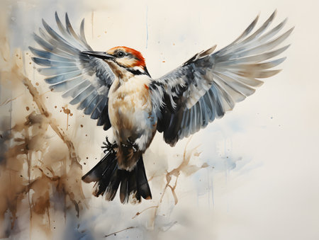 Captivating avian artwork blending watercolor techniques, showcasing the beauty of pensive poses.の素材