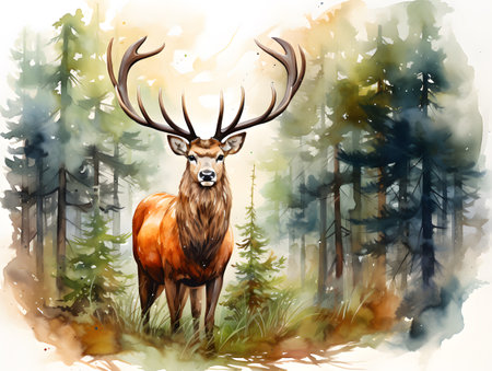 Immerse yourself in nature's tranquility with a breathtaking watercolor illustration of an elk against a white backdrop.の素材